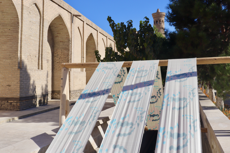 هنرمندان هیماالی سینگ ساین و دیوید ساین تاپسر، که وقت خود را بین هند و بریتانیا تقسیم می&zwnj;کنند، برای بینال بخارا گوبلنی ایجاد کردند که در امتداد یک کانال از مرکز بخارا می&zwnj;گذشت. این اثر ناپدید شدن دریاچه آرال را از طریق هزاران تصویر از این پهنه آبی هنگام خشک شدن نشان می&zwnj;دهد. کانال، آبی را که زمانی به دریاچه می&zwnj;ریخت منحرف می&zwnj;کند. (الکساندر تامپسون/یورایشینت)